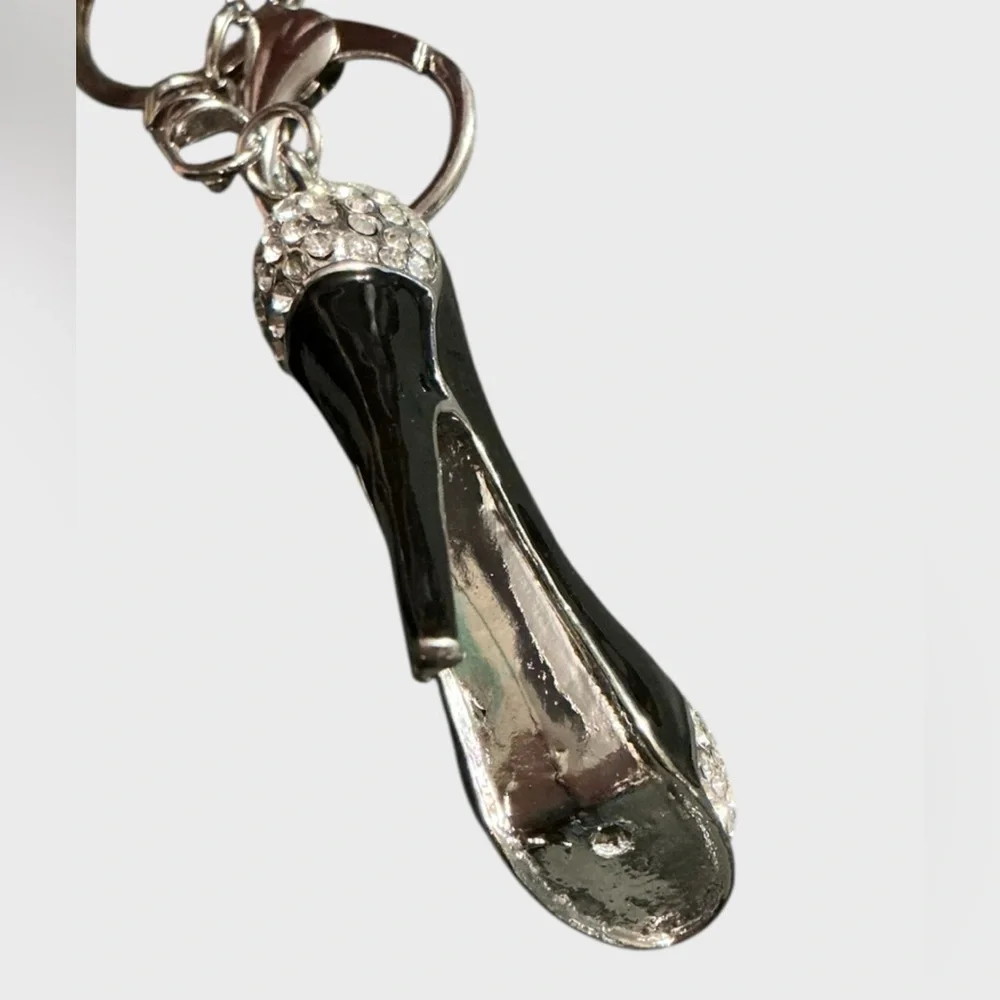 Black Rhinestone High Heel Stiletto Bag Charm Keychain Silver Tone